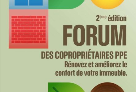 Des icônes stylisées de manière très géométriques représentants un soleil, un rondin de bois, une feuille d'arbre, un mur de brique, une fenêtre et une forme verte. Le titre de l'évènement et le chapeau qui le décrit se situent au milieu de ces formes, décentrés à droite.