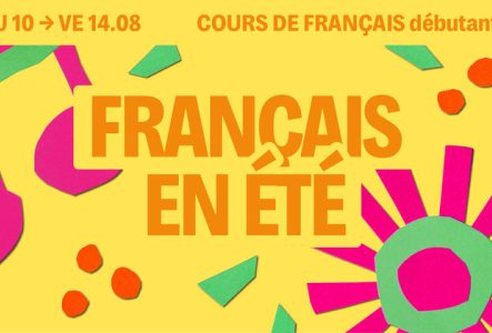 Sur fond jaune on retrouve des motifs colorés et le titre écrit en orange