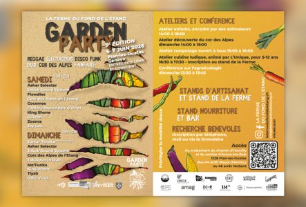 Affiche de la Garden Party 2026 avec un fond beige illustré de légumes colorés. Le programme présente concerts, ateliers, conférences, animations pour enfants, stands d’artisanat, nourriture et bar. L’événement a lieu les 6 et 7 juin 2026 à Plan-les-Ouates, Genève.
