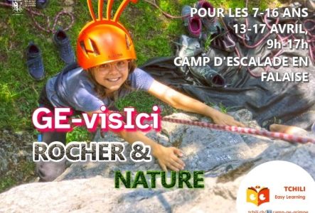 Illustration Participante du programme GE-visIci grimpant en falaise pendant un camp Tchili Easy Learning