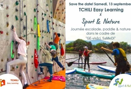p1 du flyer représentant des enfants et jeunes qui grimpent et qui font du stand up paddle