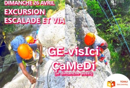 A gauche des enfants dans une via, à droite un participant qui grimpe sur une falaise.