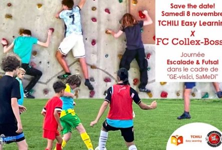 p1 du flyer représentant des enfants et jeunes qui grimpent et qui jouent au Futsal