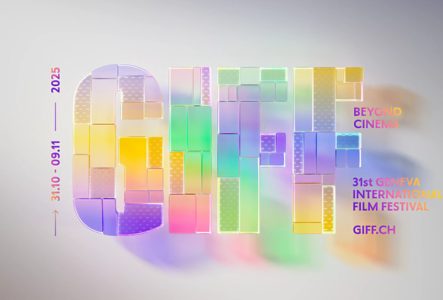 L’affiche annonce la 31ᵉ édition du Geneva International Film Festival. Le festival se déroulera du 31 octobre au 9 novembre 2025. Le mot "GIFF" est écrit en grand au centre, en lettres capitales. Ces lettres sont composées de blocs translucides aux couleurs pastel et dégradées. On y retrouve des teintes vives comme le jaune, le violet, le vert, le rose et le bleu. Les blocs sont décorés de motifs géométriques discrets, donnant un style digital et contemporain.
L’arrière-plan est gris clair, ce…