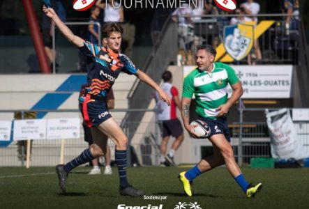 l'affiche du tournoi de flag rugby avec un joueur Français et un joueur Roumain en pleine action.