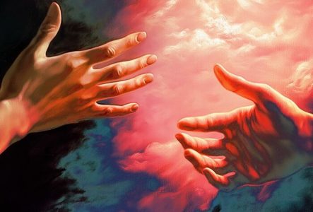 Deux mains qui cherchent à se joindre, sur un fond qui oscille entre lumière et ténèbres
