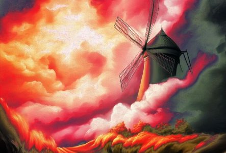 Un moulin dans la campagne, sur un fond de ciel orageux mais qui laisse apparaître un début de soleil et sa lumière