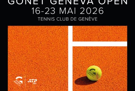 Affiche promotionnelle du tournoi de tennis Gonet Geneva Open 2026. Le visuel présente un gros plan d'une balle de tennis sur un court en terre battue orange. En haut, sur fond noir, est inscrit : "Gonet Geneva Open, 16-23 mai 2026, Tennis Club de Genève". Les logos du tournoi et de l'ATP 250 figurent en bas à gauche.