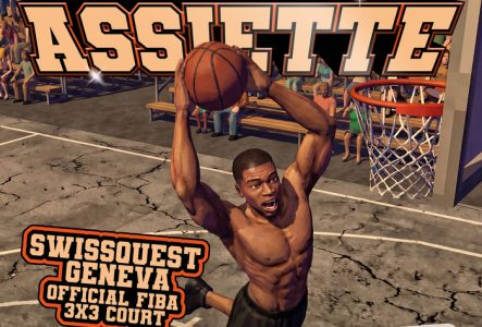 Affiche promotionnelle d’un tournoi de basket en extérieur. Au centre, un joueur de basket saute vers le panier pour réaliser un dunk. En arrière-plan, des gradins avec du public. Le titre « Grande Assiette Ballin Vol.4 » apparaît en grandes lettres au-dessus de l’image. Les dates du 27 au 28 juin et le lieu, les terrains du Cycle des Grandes-Communes à Petit-Lancy, sont indiqués dans un encadré. Plusieurs logos de partenaires figurent en bas de l’affiche.