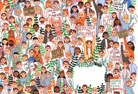 une illustration qui représente un enfant qui perçoit une grande ville derrière des arbres