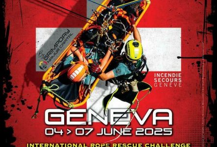 IronStone digital design - Nicolas Maillard - Grimpday Genève Une victime est transportée dans une barquette sur cordes tendues avec un sauveteur à ses côtés