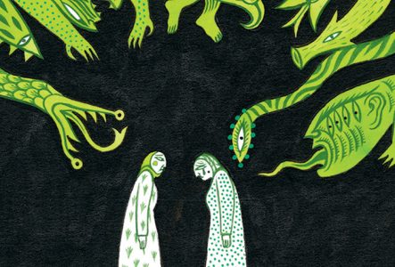 une illustration en couleur et papier découpé qui représente 4 oiseaux de différentes couleurs, sur une branche d'arbre