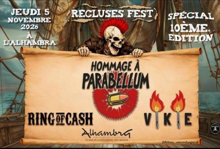 Visuel de la 10ème édition de Recluses Fest avec un squelette à crête de punk qui tient une bannière avec les noms des artistes qui se produiront sur scène