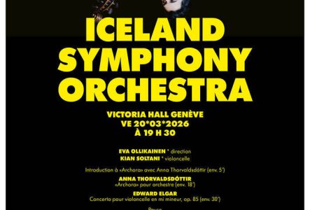 Affiche du concert, sur fond noir et avec le soliste Kian Soltani la tête à l'envers.