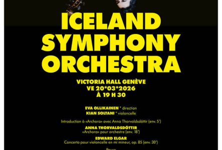 Affiche du concert, sur fond noir et avec le soliste Kian Soltani la tête à l’envers