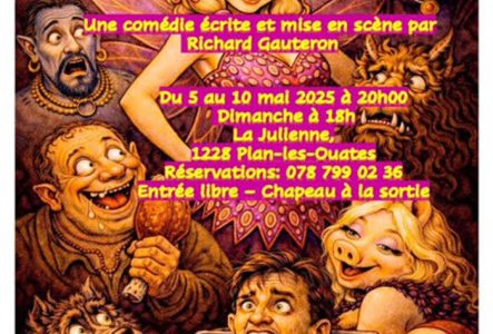 fée blonde entourée de personnages de contes de fées, loup, ogre, nains, bête