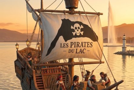 Affiche de spectacle montrant un équipage de Pirates sur leur navire naviguant sur le lac Léman. Le logo des pirates du lac en grand sur la voile. Le titre "Dis pourquoi... ?" est écrit en grand.