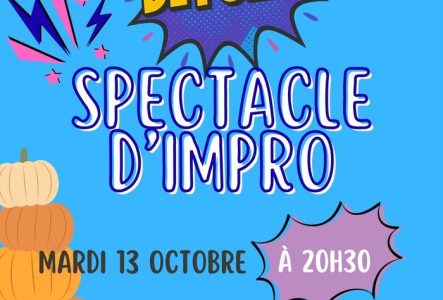 Affiche colorée de style bande dessinée pour le spectacle d'improvisation de la troupe « Les Grains de Folie » à La Galerie à Genève.