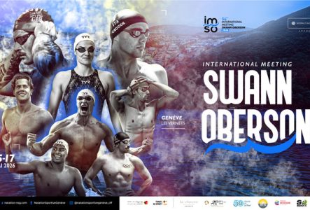 Affiche promotionnelle du 54e International Meeting Swann Oberson de natation, qui se déroulera à Genève, piscine des Vernets, du 15 au 17 mai 2026. L’image montre plusieurs nageurs de haut niveau en action, en noir et blanc, sur un fond bleu représentant l’eau et la ville de Genève. Le nom “Swann Oberson” apparaît en très grand au centre. Le logo IMSO et la mention “Approved World Aquatics” figurent en haut, ainsi que les logos des partenaires en bas de l’affiche.