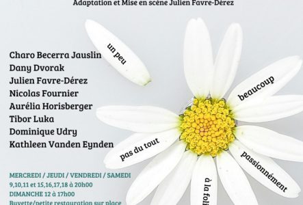 DR Les noms des acteurs, une marguerite avec des messages : je t'aime, beaucoup, passionnément , à la folie, pas du tout.