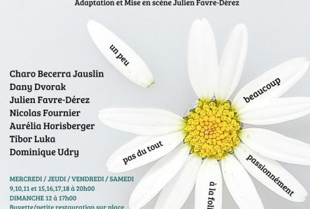 DR Les noms des acteurs, une marguerite avec des messages : je t'aime, beaucoup, passionnément , à la folie, pas du tout
