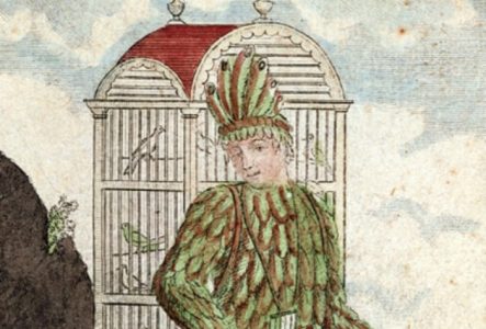L’image illustre Papageno, l’attrapeur d’oiseaux de La Flûte enchantée de Mozart (1756–1791). On y voit un jeune homme portant une grande cage dans son dos.