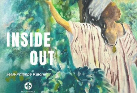 Portrait peint d’une femme de profil, levant le bras au milieu d’une végétation verte, dans des tons doux de vert et de beige.