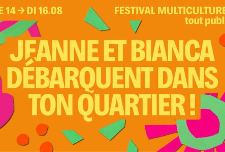 Sur fond orange on retrouve des motifs colorés et le titre écrit en jaune
