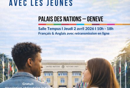 Deux jeunes devant le Palais des Nations vous invitent à cette conférence