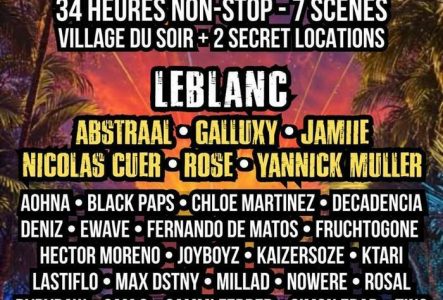 Promotional poster for Jungle House Festival in Geneva, August 9–10. Features a tropical background with palm trees and a swimming pool. The text announces ‘34 hours non-stop – 7 stages – Village du Soir + 2 secret locations.’ Headliner: LeBlanc. Other main artists: Abstraal, Galluxy, Jamiie, Nicolas Cuer, Rose, Yannick Muller. Additional lineup includes Aohna, Black Paps, Chloe Martinez, Decadencia, Deniz, Ewave, Fernando de Matos, Fruchtogone, Hector Moreno, Joyboyz, Kaizersoze, Ktari,…