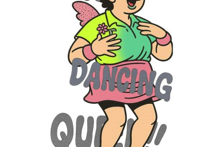Visuel créé avec ChatGPT, inspiré par Popeye & Elzie Crisler Segar Amal Alpha rayonne au centre, façon cartoon rétro et fée du dancefloor. Visière verte, polo fluo, jupe rose et ailes à pois : elle danse avec joie au milieu du slogan pailleté « YOU ARE DANCING QUEEN !!! » — une icône queer, magique et déchaînée.