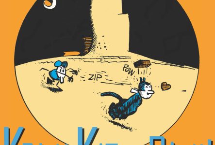 Eric Jeanmonod Visuel du spectacle, avec le dessin d'une souris dans le désert qui balance une brique sur la tête d'un chat. Le chat a un petit cœur au-dessus de sa tête, suggérant qu'il est amoureux de la souris.