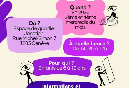 Le titre la cabane de tes rêves est écrit en gros et en violet, un sous titre est écrit : imagine, crée, peins et construis ta propre cabane, étape par étape. Puis 6 bulles sont disposées sur la page avec les informations Où ça se passe ? Quand ? À quelle heure ? Pour qui ? Le site web pour nous contacter et le prix des ateliers sont présents. 3 personnages sont présents, ludiques, qui reprennent le logo de l'Imagerie Genève