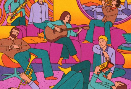 Dessin représentant la fanfare du loup dans un intérieur coloré