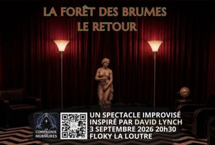 L'affiche de la Foret des Brumes : Le Retour. Une grande salle onirique avec une statue antique et deux lapes.