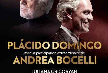 ©GenevaFestival L’image est une affiche de concert avec un fond sombre et dégradé, allant du noir au rouge profond. Deux grands portraits de célèbres chanteurs d’opéra dominent l’affiche : À gauche, le visage de Plácido Domingo, vu de profil, regardant vers la droite. À droite, le visage de Andrea Bocelli, également vu de profil, souriant, regardant vers la gauche.
