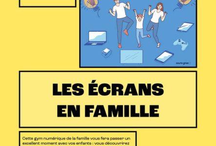 Image d'une famille qui sautent entourée d'outils numériques comme des ordinateurs, des télés et des téléphones.