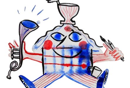 Dessin en aquarelle, en forme de bonhomme-maison tenant une tormpette et des crayons dans les mains