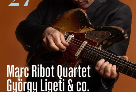 L’image montre un homme aux cheveux gris jouant de la guitare électrique, sur un fond orange. Le texte présente le Marc Ribot Quartet, ainsi que « La Nuit du Quatuor » et la saison 2026–2027.
