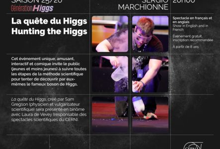 Poster for "Hunting the Higgs" event at CERN. Features images of a scientific demonstration, event details, and sponsor logos. April 29, 2026, 8 PM.
