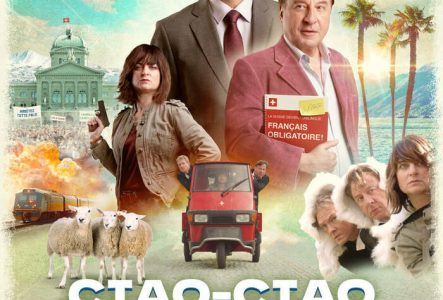 3 personnages, des moutons, 1 train