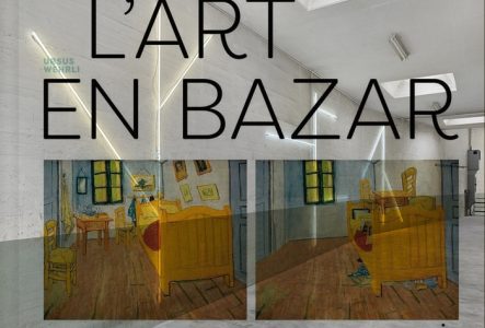 photo : MAMCO superposition de la couverture du livre L'Art en Bazar avec une vue d'exposition du MAMCO