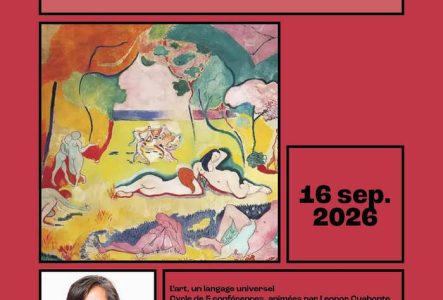 Image d'une peinture de Matisse dans des tons chauds avec des individus nus dans un parc ou une forêt.