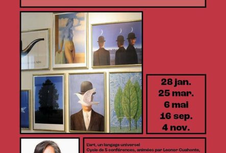 Première image avec différents tableaux du peintre Magritte et deuxième image avec une femme souriante.
