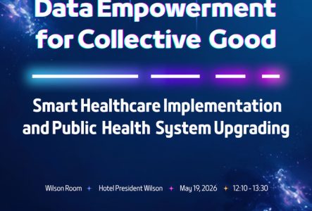 Affiche de l'événement « L'autonomisation par les données au service du bien commun : mise en œuvre de la santé intelligente et modernisation du système de santé publique ». Informations clés : lieu (Salle Wilson, Hôtel Président Wilson), date (19 mai 2026) et horaire (12h10 – 13h30). Organisé par TaiwanICDF, SE-COMISCA et Terre des hommes.