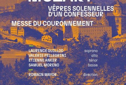 Affiche de la soirée. Sur un fond orangé et bleu, une vue d'un village et les noms des solistes, Mozart au Victoria Hall, le dimanche 28 septembre 2025 à 17h.