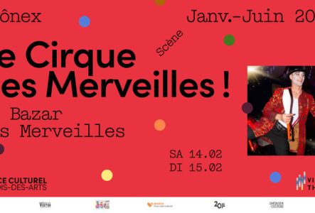 Sur fond rouge, on y retrouve des petits points de couleurs avec les informations à gauche de l'image et une photo sur la droite