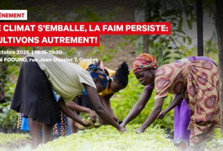 Affiche d’un événement sur l’agroécologie. Plusieurs femmes cultivent ensemble un champ verdoyant. Rendez-vous le 8 octobre 2026, de 18h15 à 19h30, au Café Foound à Genève.