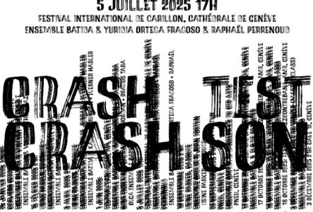 Lettres noires CRASH TEST CRASH SON au pinceau, avec les informations de l'événement. En vertical, les noms des invités de cette année répétés sur toute la partie inférieure de l'affiche (peu lisibles, comme un tampon)