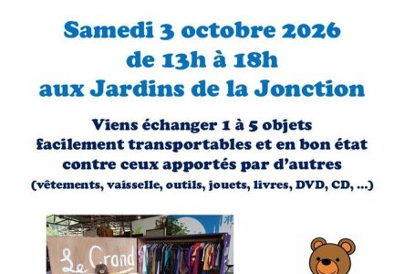 Photo du troc et dessins d’un t-shirt, d’une poêle et d’un ours en peluche.
